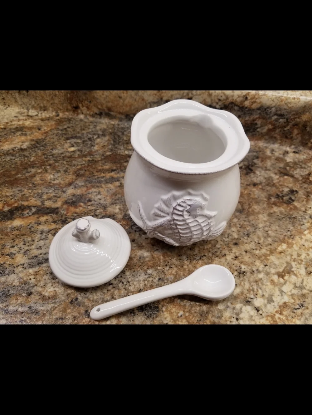Seahorse Starfish Seashell Blue Sky Ceramic Sugar Creamer Serving Spoon Set NEW